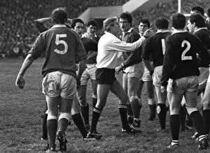 Images Dated 19th February 1983: Referee Roger Quittenton steps-in to stop the Scottish and Welsh forwards fighting - 1983 Five