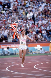Images Dated 23rd December 2011: Seb Coe goes on a victory lap after retaining his 1500m Olympic title in Los Angeles in 1984