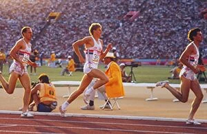 Athletics Collection: Sebastian Coe leads Steve Cram and Steve Ovett in the 1500m Final at the 1984 Summer Olympics in LA