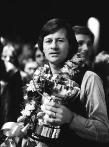 Snooker Prints: Alex Higgins with Trophy Print - 1981 Benson & Hedges Masters Snooker