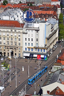 Aerial view of Ban Jelacic Square with a tram in Zagreb, Croatia Aerial view of Ban Jelacic Square with a tram in Zagreb, Croatia