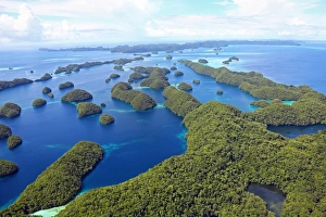 Aerial view of islands in the Archipelago of Palau, Republic of Palau, Micronesia Aerial view of islands in the Archipelago of Palau, Republic of Palau, Micronesia