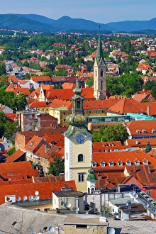 Aerial view of rooftops and the towers of St Marys Church and St Francis Church in Zagreb Aerial view of rooftops and the towers of St Marys Church and St Francis Church in Zagreb