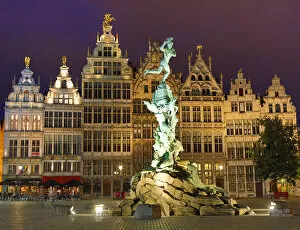 Images Dated 6th August 2019: The Brabo Fountain in the Grote Markt at night in Antwerp, Belgium