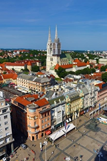 General city skyline view with Zagreb Cathedral and Ban Jelacic Square in Zagreb, Croatia General city skyline view with Zagreb Cathedral and Ban Jelacic Square in Zagreb, Croatia