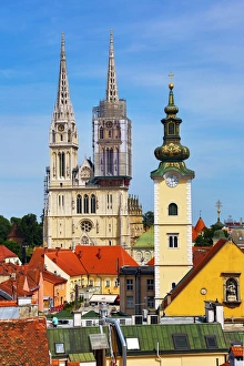 General city skyline view of Zagreb Cathedral with tower renovation and the tower of St General city skyline view of Zagreb Cathedral with tower renovation and the tower of St