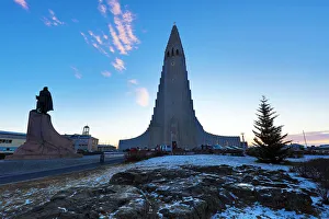 Hallgrimskirkja church at sunrise in Reykjavik, Iceland Hallgrimskirkja church at sunrise in Reykjavik, Iceland