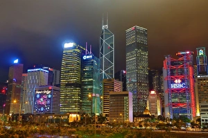 Lights of the city skyline of the Central area of Hong Kong at night in Hong Kong, China Lights of the city skyline of the Central area of Hong Kong at night in Hong Kong, China