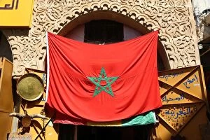 Images Dated 16th September 2017: Moroccan flag in the streets of the Medina of Rabat, Morocco