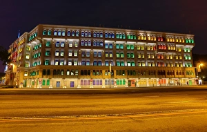 Rainbow coloured lights in the windows of the Old Hill Street Police Station housing the Rainbow coloured lights in the windows of the Old Hill Street Police Station housing the