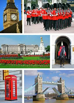 Images Dated 5th June 2012: Souvenir sepia photos of Big Ben, Buckingham Palace, Guards, Tower Bridge