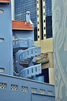 Spiral staircase on a blue house in Chinatown in Singapore, Republic of Singapore Spiral staircase on a blue house in Chinatown in Singapore, Republic of Singapore