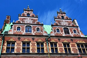 Traditional architecture of the Royal Copenhagen shop building roof in Stroget in Traditional architecture of the Royal Copenhagen shop building roof in Stroget in