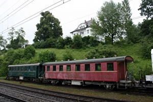 Gastezug Feldschlosschen vintage railway carriage, Rheinfelden station, Switzerland Gastezug Feldschlosschen vintage railway carriage, Rheinfelden station, Switzerland