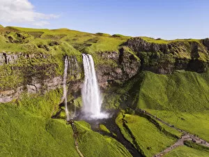 Aerial drone view of Seljalandsfoss waterfall at daytime, Iceland