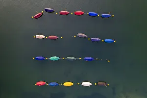 Aerial image of colourful boats moored in a harbour, Cornwall, England Aerial image of colourful boats moored in a harbour, Cornwall, England