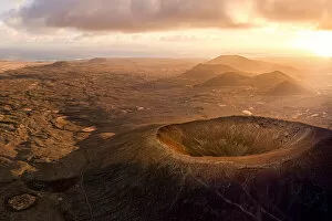 Fuerteventura Gallery: Aerial panoramic of Calderon Hondo volcanic crater at sunrise, Corralejo, Fuerteventura