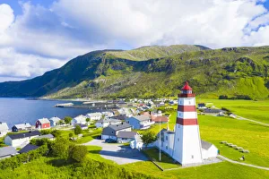 Aerial view of Alnes Lighthouse and village, Godoya Island, Alesund Aerial view of Alnes Lighthouse and village, Godoya Island, Alesund