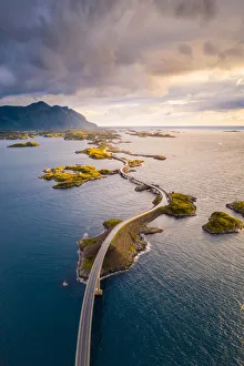 Aerial view of the Atlantic Ocean Road at sunset, More og Romsdal, Norway Aerial view of the Atlantic Ocean Road at sunset, More og Romsdal, Norway