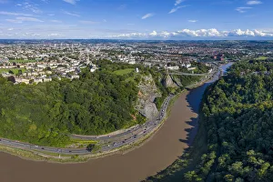 Aerial view over the Avon Gorge and Clifton Suspension Bridge, Bristol, England Aerial view over the Avon Gorge and Clifton Suspension Bridge, Bristol, England