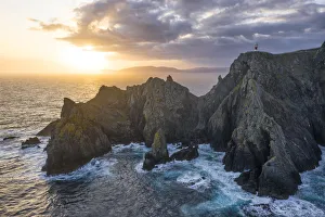 Aerial view of Cape Ortegal lighthouse at sunrise. Carino, La Corona, Galicia, Spain Aerial view of Cape Ortegal lighthouse at sunrise. Carino, La Corona, Galicia, Spain