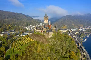 Aerial view on Cochem castle, Cochem, Mosel valley, Rhineland-Palatinate, Germany