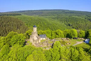 Aerial view on Grimburg castle near Kell am See, Hunsruck, Rhineland-Palatinate, Germany