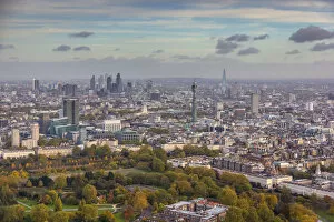 Images Dated 18th November 2013: Aerial view from helicopter, Regents Park, BT Tower, The Shard & City of London, London