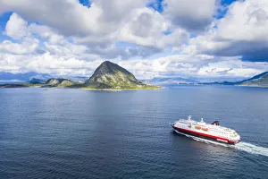 Aerial view of Hurtigruten ship during a daily trip from Alesund to Geirangerfjord Aerial view of Hurtigruten ship during a daily trip from Alesund to Geirangerfjord