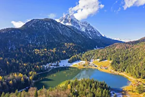 Aerial view on Lautersee and Wettersteinspitze, Mittenwald, Bavaria, Germany Aerial view on Lautersee and Wettersteinspitze, Mittenwald, Bavaria, Germany