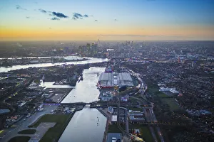 Aerial view over London Excel and Royal Victoria Dock, London, England Aerial view over London Excel and Royal Victoria Dock, London, England