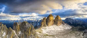 Aerial view of majestic peaks of Tre Cime di Lavaredo and Monte Paterno at sunset Aerial view of majestic peaks of Tre Cime di Lavaredo and Monte Paterno at sunset