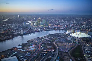 Aerial view over O2 arena, Isle of Dogs and Canary Wharf, London, England Aerial view over O2 arena, Isle of Dogs and Canary Wharf, London, England