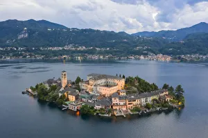 Aerial view of Orta San Giulio and Lake Orta at blu hour before a storm. Orta Lake Aerial view of Orta San Giulio and Lake Orta at blu hour before a storm. Orta Lake