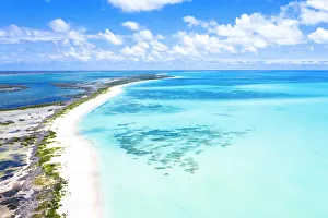 Aerial view of Pink Sand Beach washed by the turquoise sea, Barbuda, Antigua and Barbuda Aerial view of Pink Sand Beach washed by the turquoise sea, Barbuda, Antigua and Barbuda
