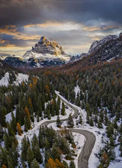 Aerial view of road to Tre Cime di Lavaredo at sunrise, Misurina, Belluno Aerial view of road to Tre Cime di Lavaredo at sunrise, Misurina, Belluno