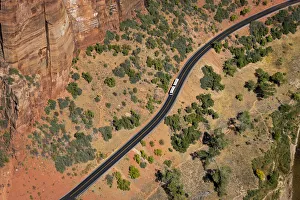 Aerial view of shuttle bus on the scenic drive road taken from Angels Landing Aerial view of shuttle bus on the scenic drive road taken from Angels Landing