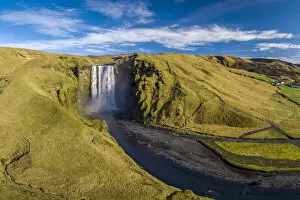 Sudurland Region Gallery: Aerial view of Skogafoss waterfall, South Iceland, Iceland