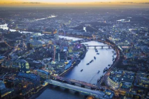 Aerial view of the South Bank, River Thames and the Lodon Eye, London, England Aerial view of the South Bank, River Thames and the Lodon Eye, London, England