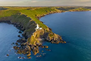 Aerial view of Start Point lighthouse and headland, South Hams, Devon, England