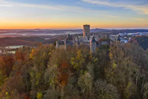 Aerial view at the sunrise above the Nurburg, Eifel, Rhineland-Palatinate, Germany Aerial view at the sunrise above the Nurburg, Eifel, Rhineland-Palatinate, Germany