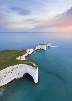 Studland Gallery: Aerial view at sunrise of the Old Harry Rocks, chalky formations near Handfast Point