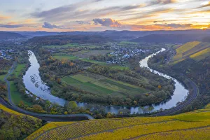 Aerial view on the sunset at the Saar horseshoe bend between Wiltingen Aerial view on the sunset at the Saar horseshoe bend between Wiltingen