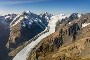 Aerial view of Tasman Glacier and mountain ranges in Aoraki / Mount Cook National Park Aerial view of Tasman Glacier and mountain ranges in Aoraki / Mount Cook National Park