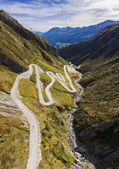 Aerial view of the Tremola San Gottardo road, the longest road monument in Switzerland
