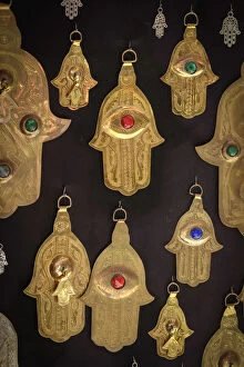 Sale Collection: Africa, Morocco, Marrakesh, medina market, Fatima door charm on sale in souk