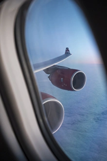 Airbus A340, view out of the window with engine and wing Airbus A340, view out of the window with engine and wing