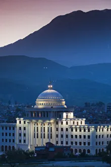 Albania, Berat, Berat University building, elevated view, dawn Albania, Berat, Berat University building, elevated view, dawn