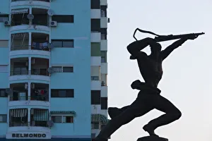 Albania, Durres, beachfront promenade and Communist-era statue Albania, Durres, beachfront promenade and Communist-era statue