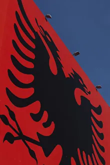 Albania, Tirana, Boulevard Deshmoret e Kombit, Albanian flag mural Albania, Tirana, Boulevard Deshmoret e Kombit, Albanian flag mural